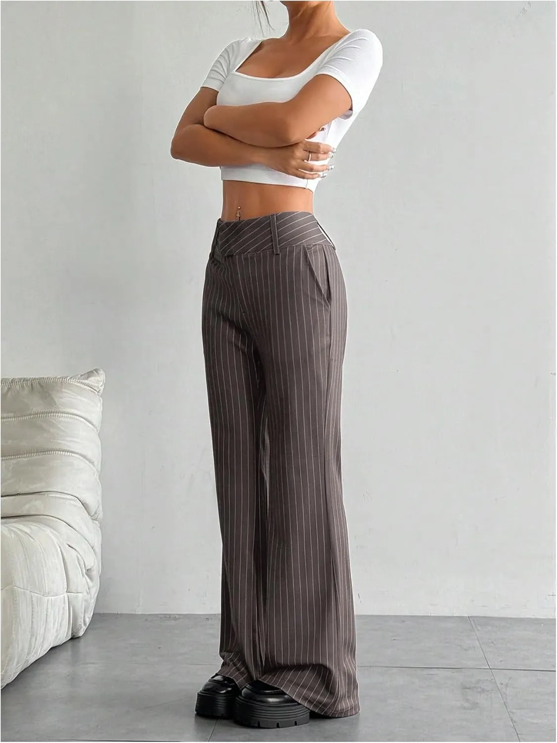 Floerns Women's Striped Print High Waisted Dress Pants Straight Leg Work Suit Pants