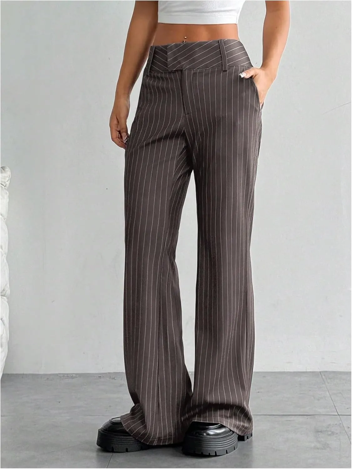 Floerns Women's Striped Print High Waisted Dress Pants Straight Leg Work Suit Pants