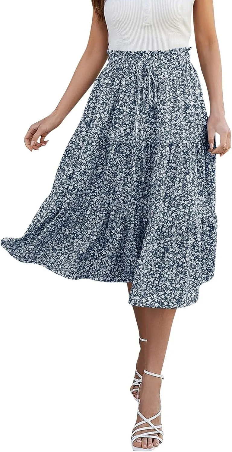 Floral Maxi Skirt for Women Summer Comfy Tiered Elastic High Waisted Skirts Vacation A-Line Flowy Swing Long Skirts