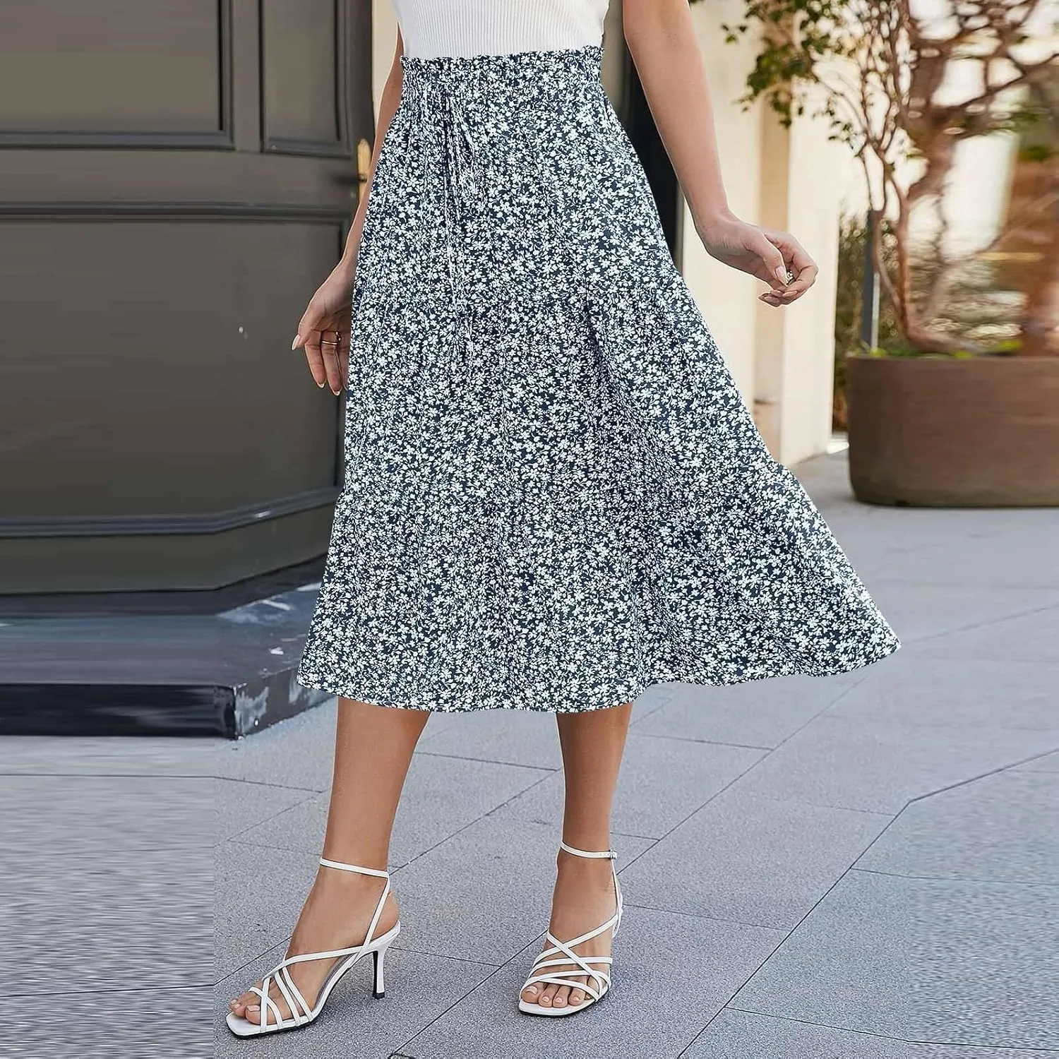 Floral Maxi Skirt for Women Summer Comfy Tiered Elastic High Waisted Skirts Vacation A-Line Flowy Swing Long Skirts