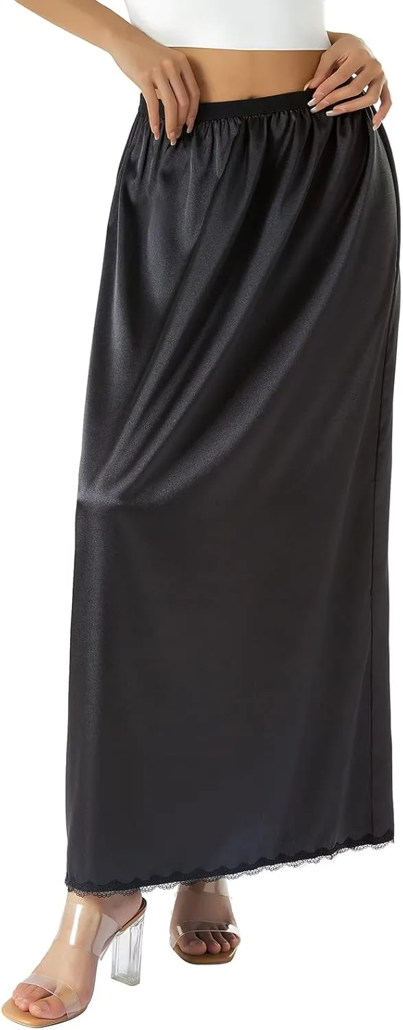 FULA-bao Satin Half Slip for Women Long Underskirt Dress Extender Lace Trim Maxi Skirt for Under Dresses Slip