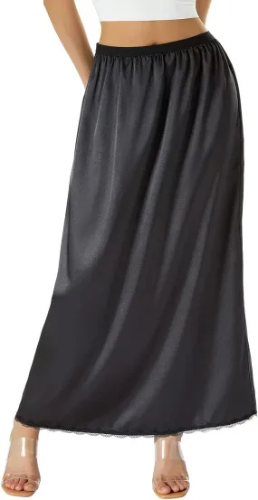 FULA-bao Satin Half Slip for Women Long Underskirt Dress Extender Lace Trim Maxi Skirt for Under Dresses Slip