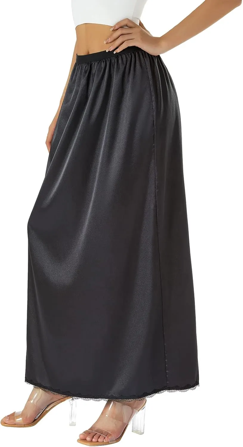 FULA-bao Satin Half Slip for Women Long Underskirt Dress Extender Lace Trim Maxi Skirt for Under Dresses Slip