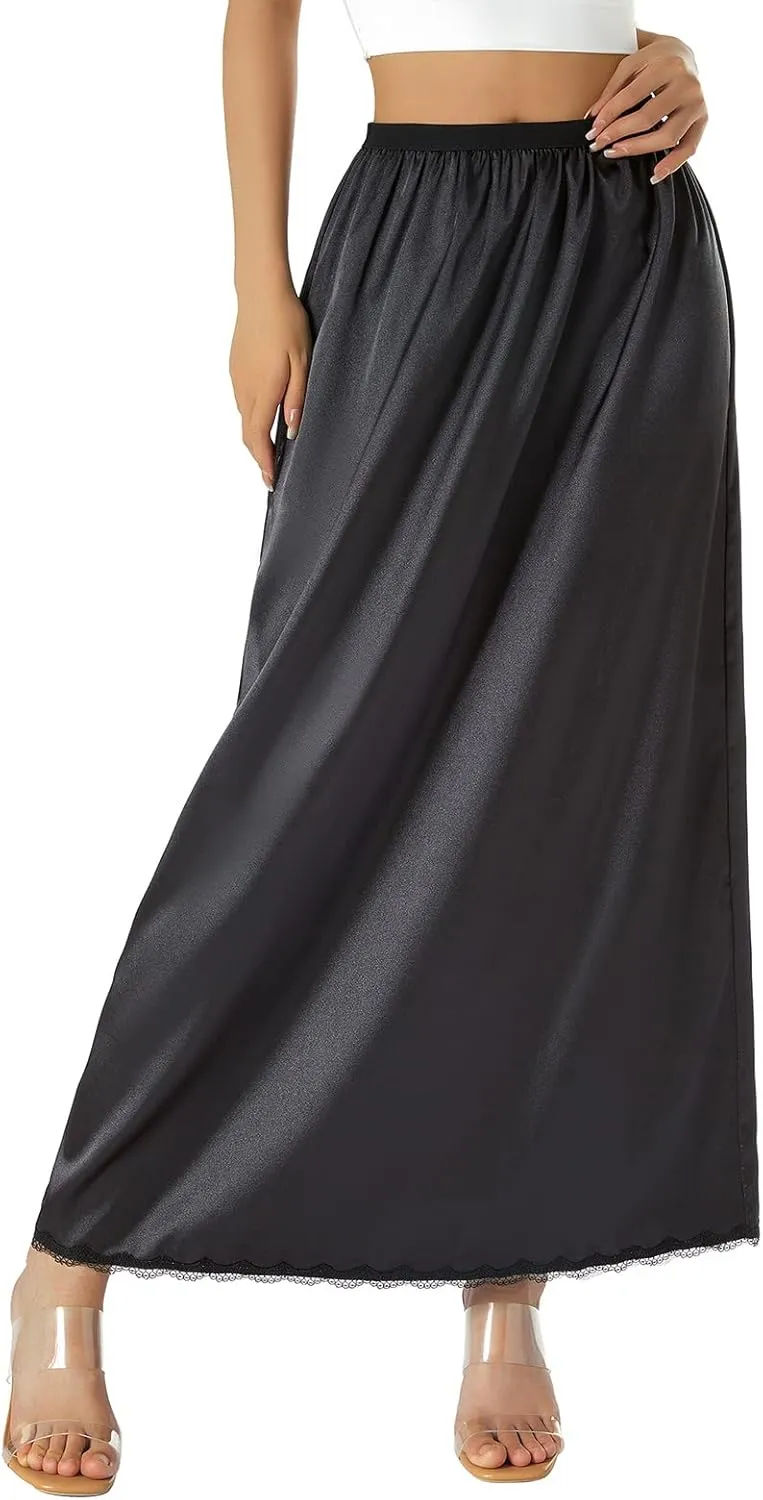 FULA-bao Satin Half Slip for Women Long Underskirt Dress Extender Lace Trim Maxi Skirt for Under Dresses Slip