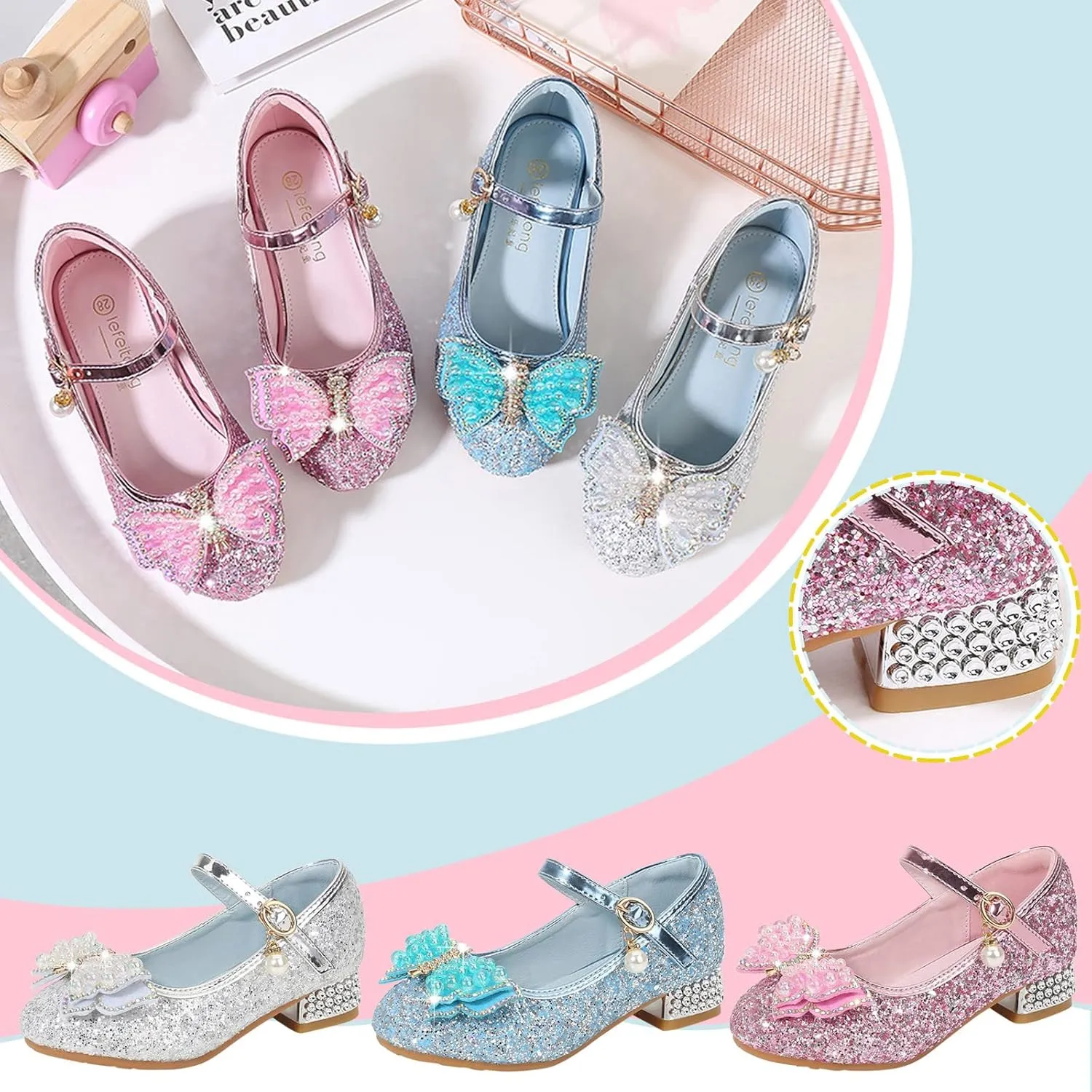 Girls Glitter Bow Dress Shoes Crystal Low Heel Sequins Princess Sandals Toddler Kids Flower Wedding Party Shoes
