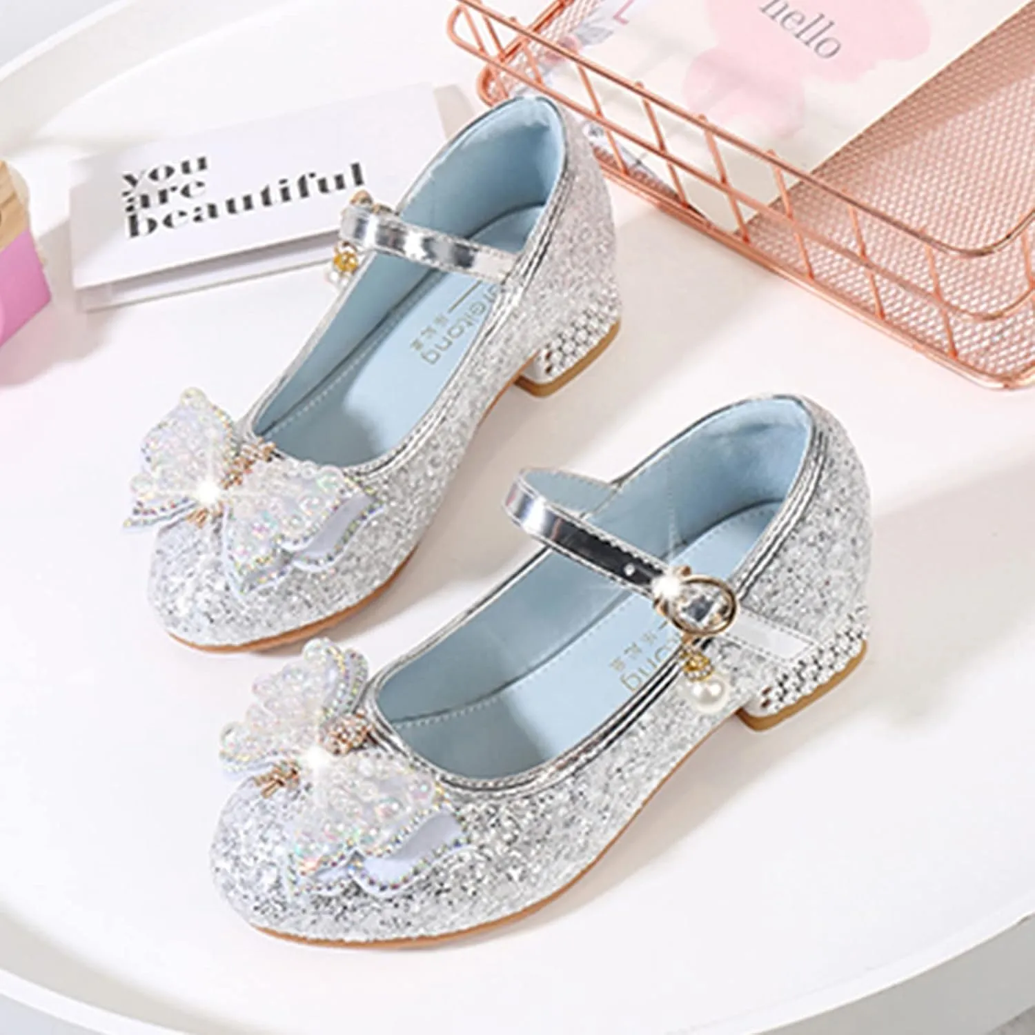 Girls Glitter Bow Dress Shoes Crystal Low Heel Sequins Princess Sandals Toddler Kids Flower Wedding Party Shoes