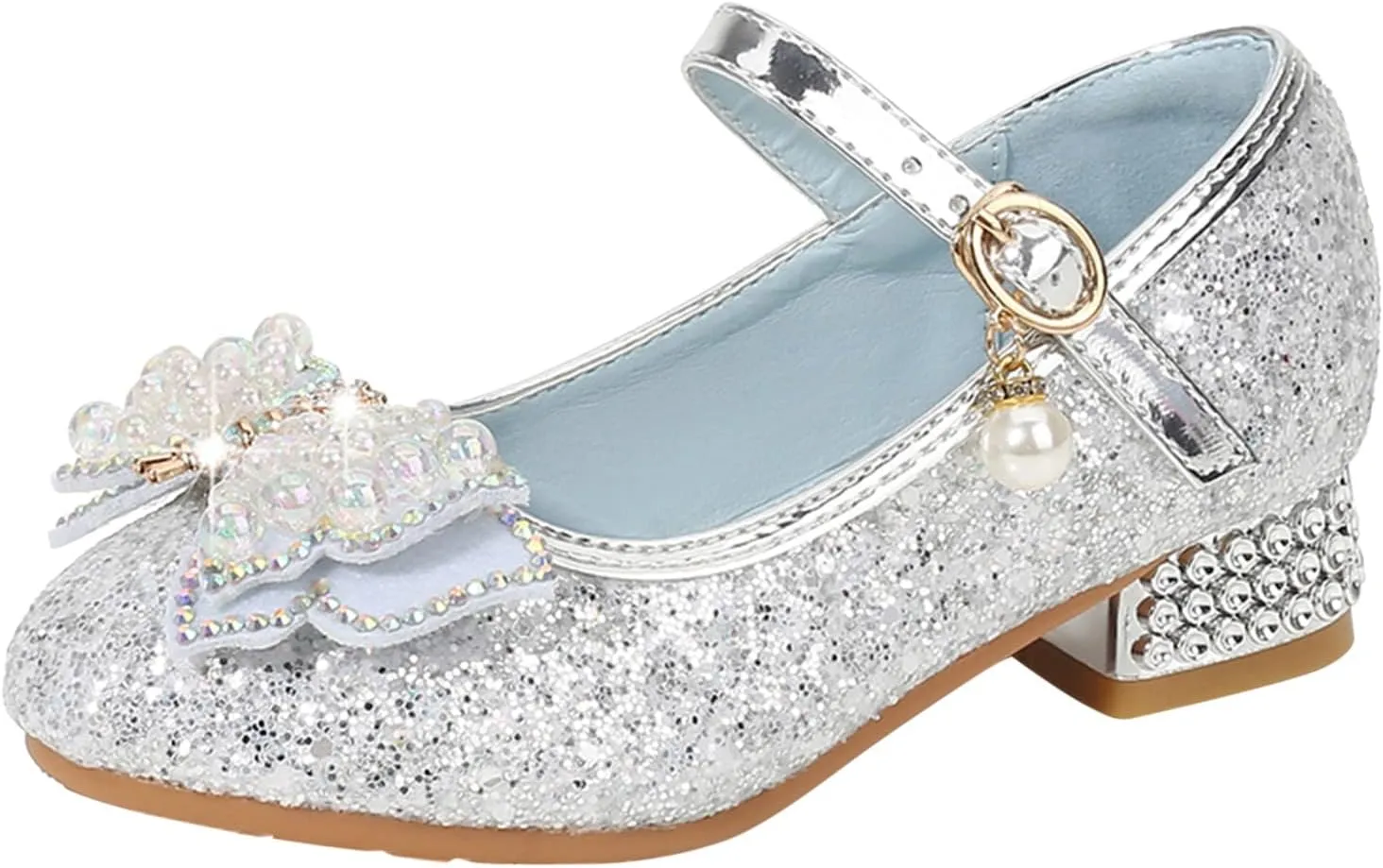 Girls Glitter Bow Dress Shoes Crystal Low Heel Sequins Princess Sandals Toddler Kids Flower Wedding Party Shoes