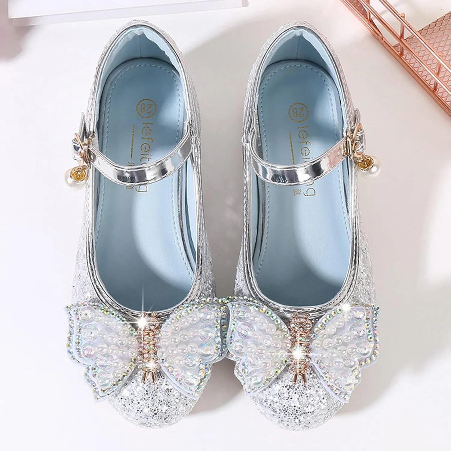 Girls Glitter Bow Dress Shoes Crystal Low Heel Sequins Princess Sandals Toddler Kids Flower Wedding Party Shoes