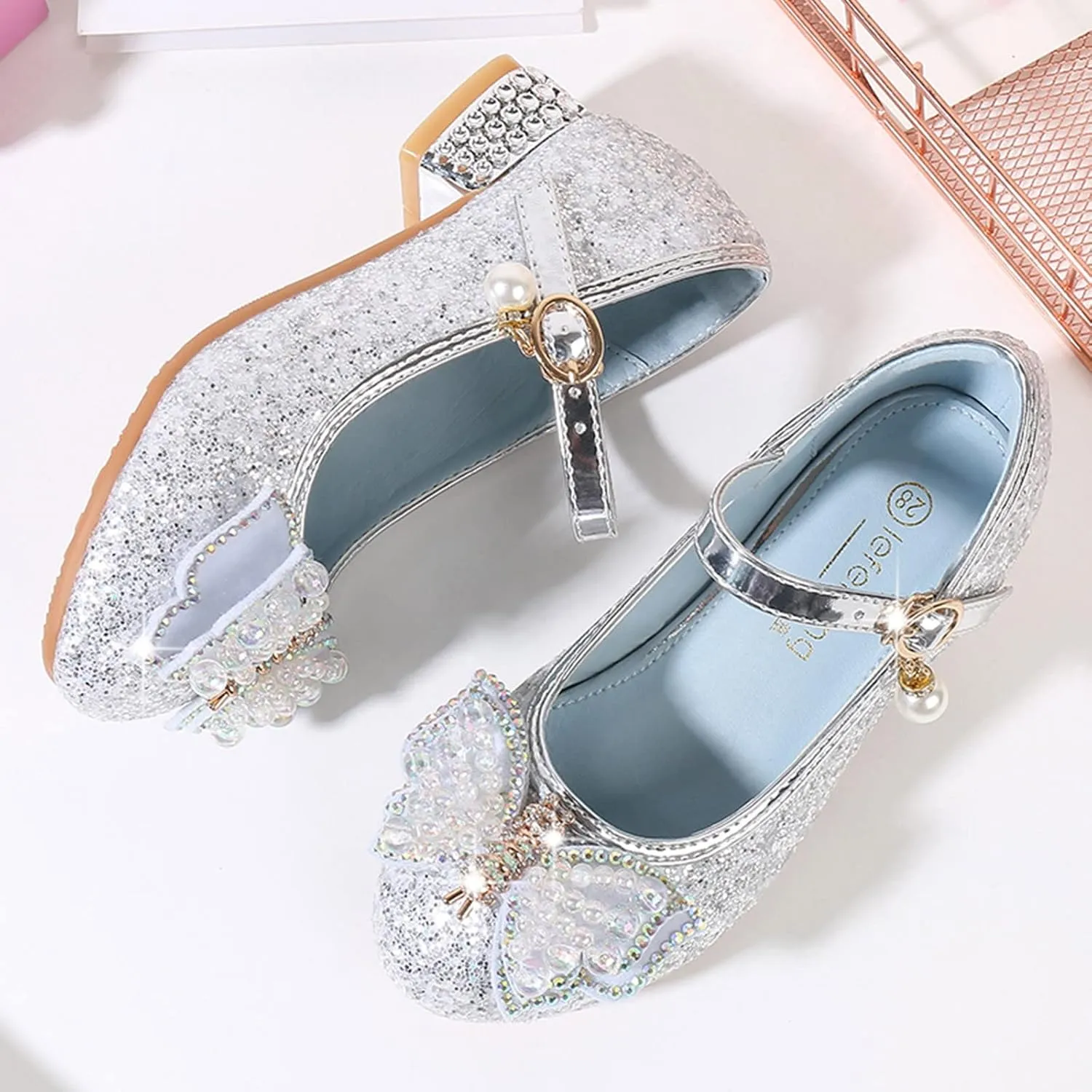 Girls Glitter Bow Dress Shoes Crystal Low Heel Sequins Princess Sandals Toddler Kids Flower Wedding Party Shoes