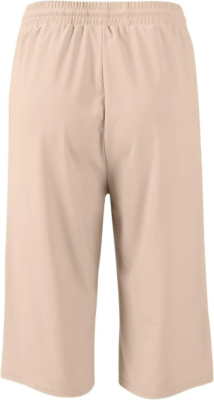 GOFULY Womens Capri Pants Summer Elastic Waist Drawstring Pants Straight Wide Leg High Waisted with Pockets Cropped Trouser