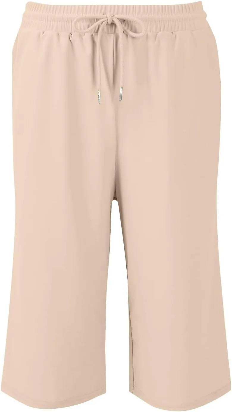 GOFULY Womens Capri Pants Summer Elastic Waist Drawstring Pants Straight Wide Leg High Waisted with Pockets Cropped Trouser