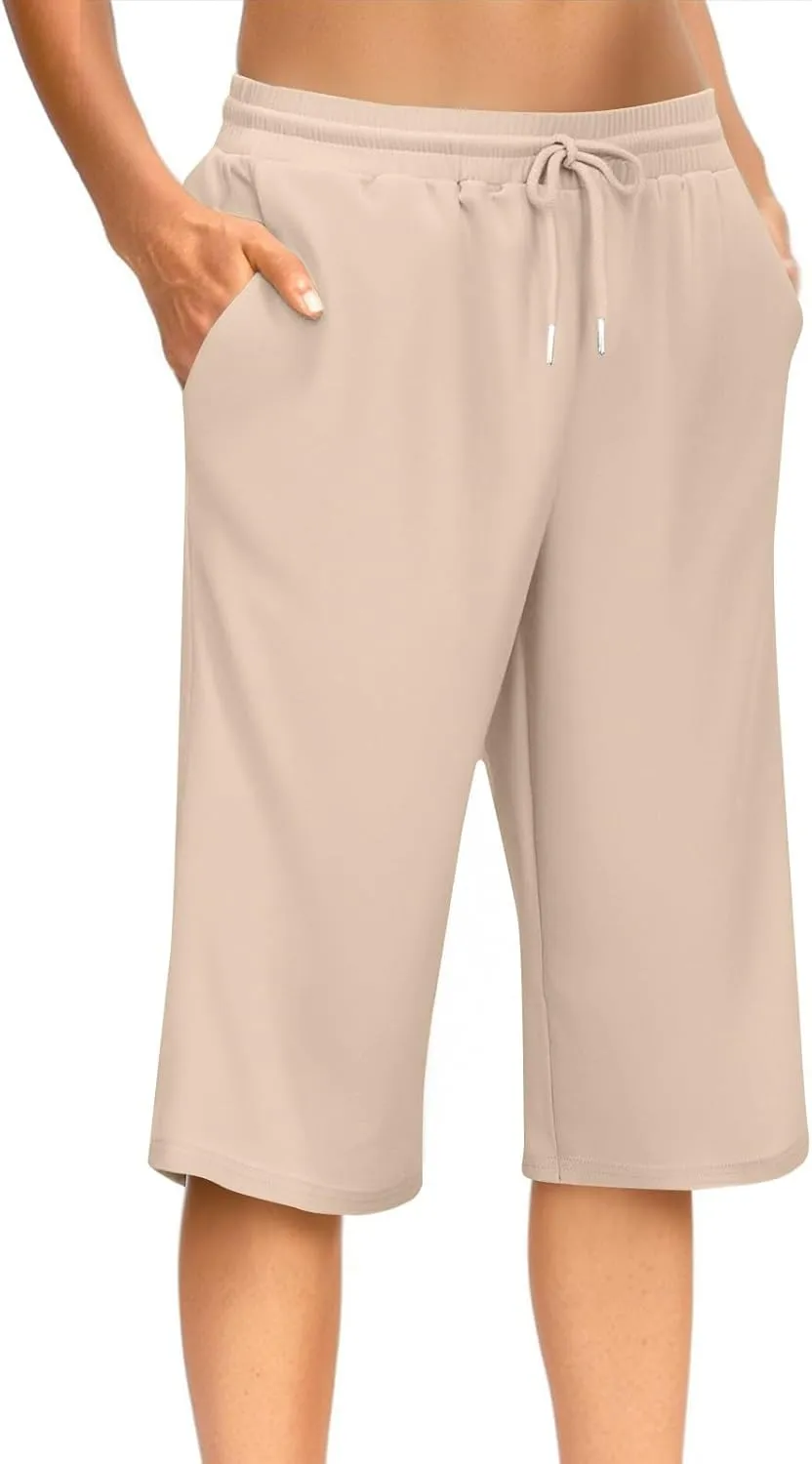 GOFULY Womens Capri Pants Summer Elastic Waist Drawstring Pants Straight Wide Leg High Waisted with Pockets Cropped Trouser