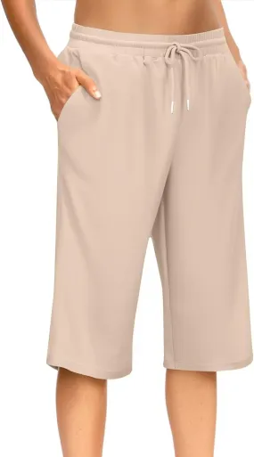 GOFULY Womens Capri Pants Summer Elastic Waist Drawstring Pants Straight Wide Leg High Waisted with Pockets Cropped Trouser