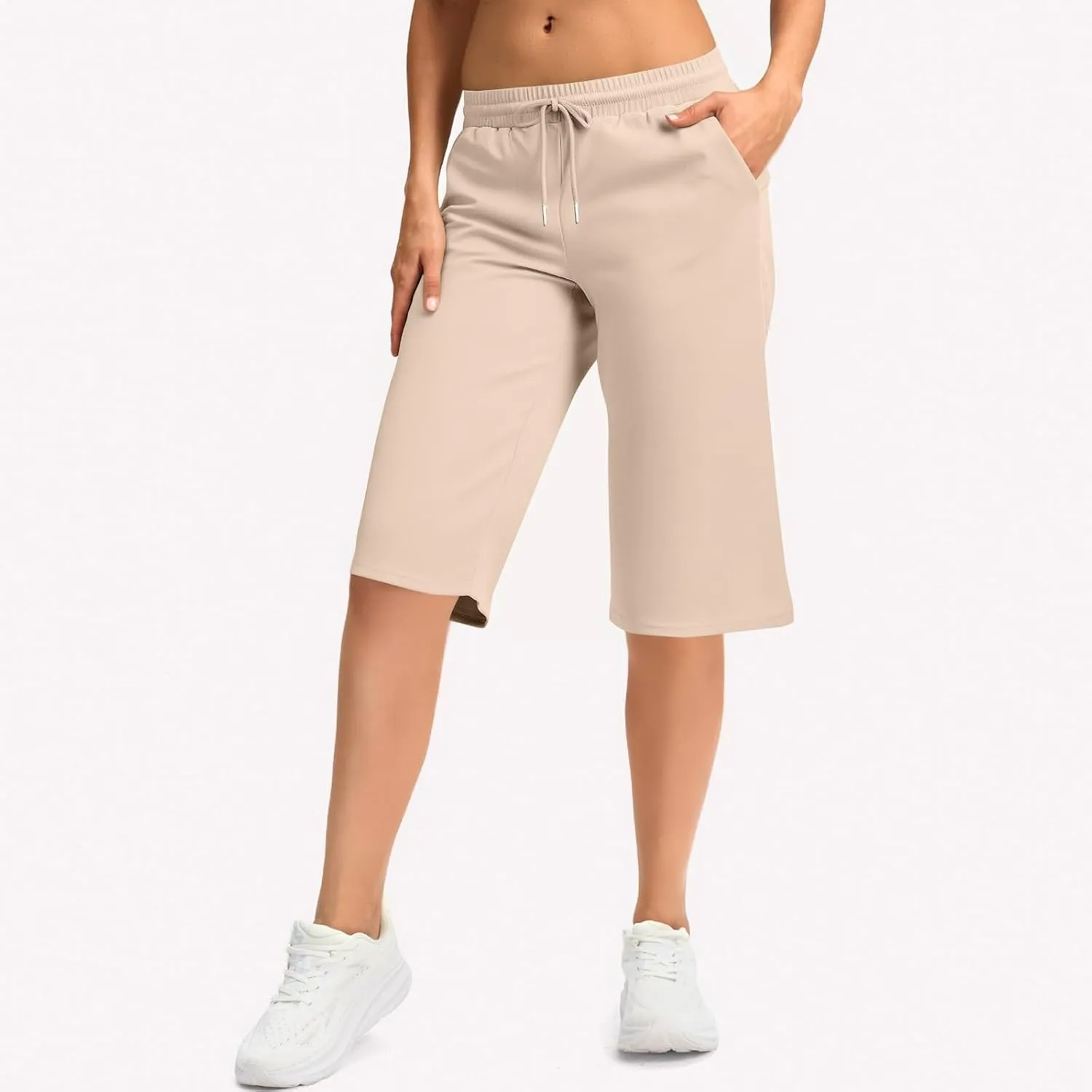 GOFULY Womens Capri Pants Summer Elastic Waist Drawstring Pants Straight Wide Leg High Waisted with Pockets Cropped Trouser