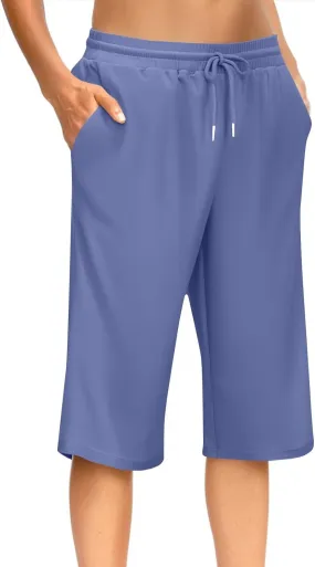 GOFULY Womens Capri Pants Trendy Summer Elastic Waist Drawstring Pants Straight Wide Leg High Waisted with Pockets Clothes