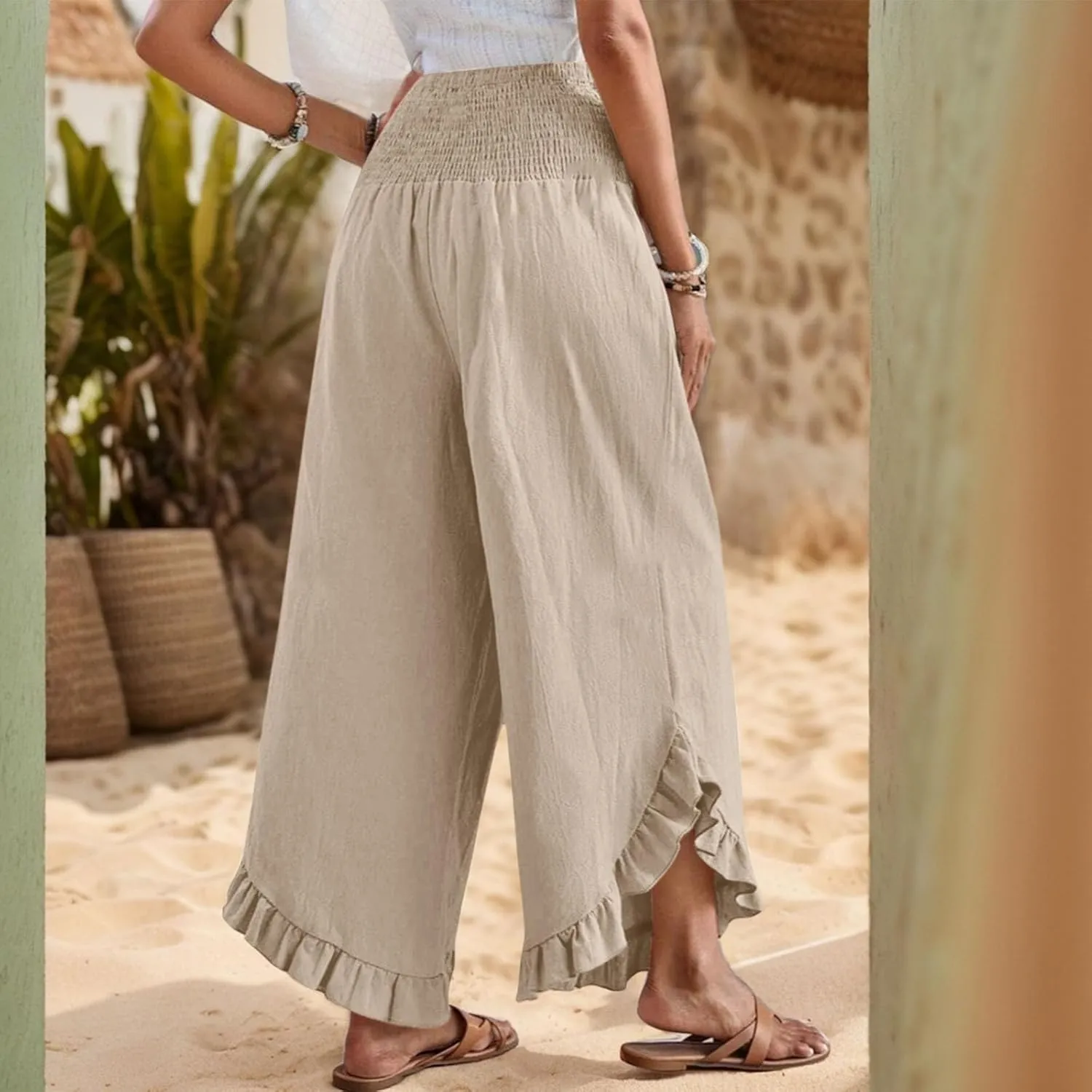 GOFULY Womens Pants Linen Wide Leg Summer Vacation High Waisted Palazzo Pants Elastic Waist Loose Solid Clothes with Pockets
