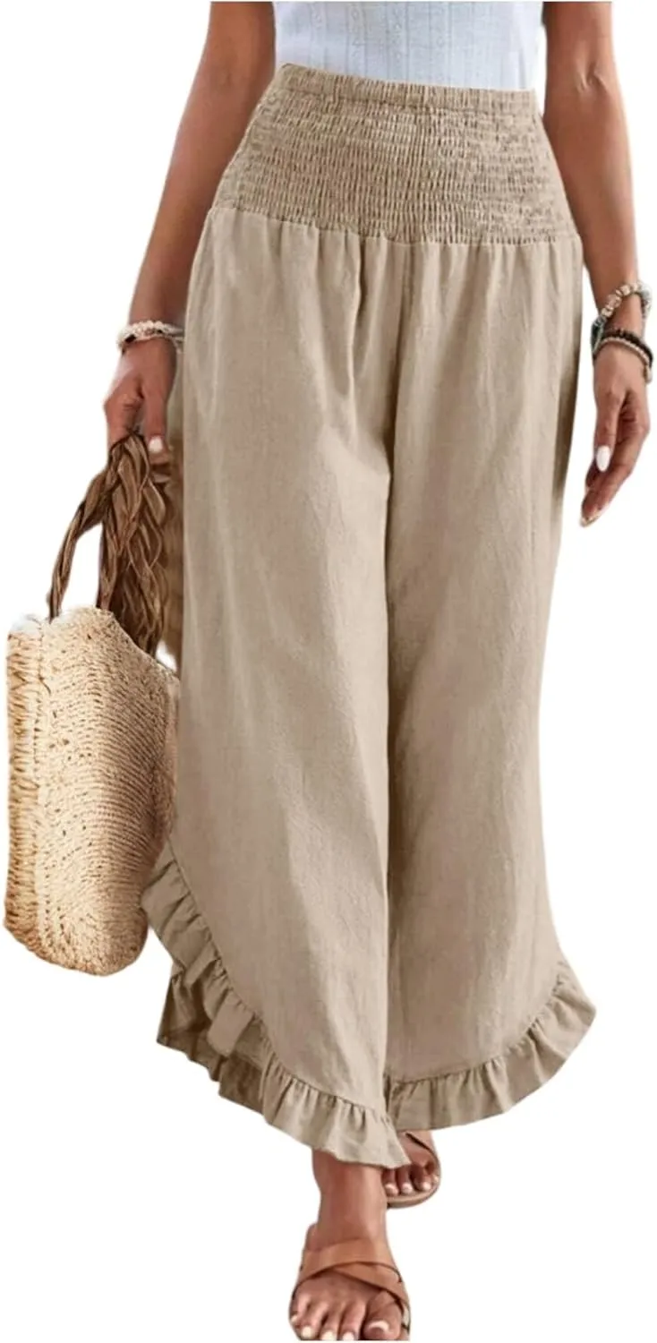 GOFULY Womens Pants Linen Wide Leg Summer Vacation High Waisted Palazzo Pants Elastic Waist Loose Solid Clothes with Pockets