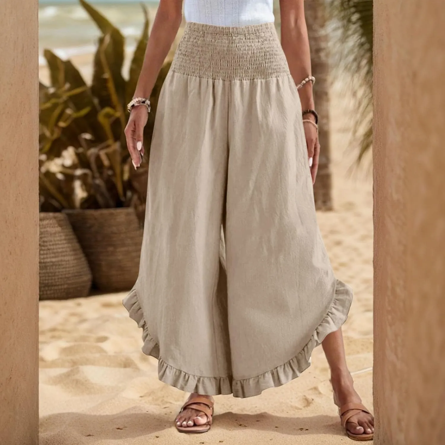 GOFULY Womens Pants Linen Wide Leg Summer Vacation High Waisted Palazzo Pants Elastic Waist Loose Solid Clothes with Pockets