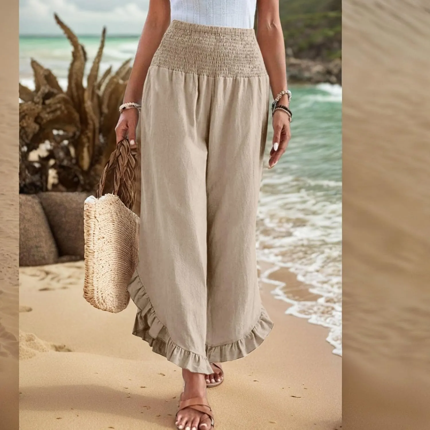 GOFULY Womens Pants Linen Wide Leg Summer Vacation High Waisted Palazzo Pants Elastic Waist Loose Solid Clothes with Pockets