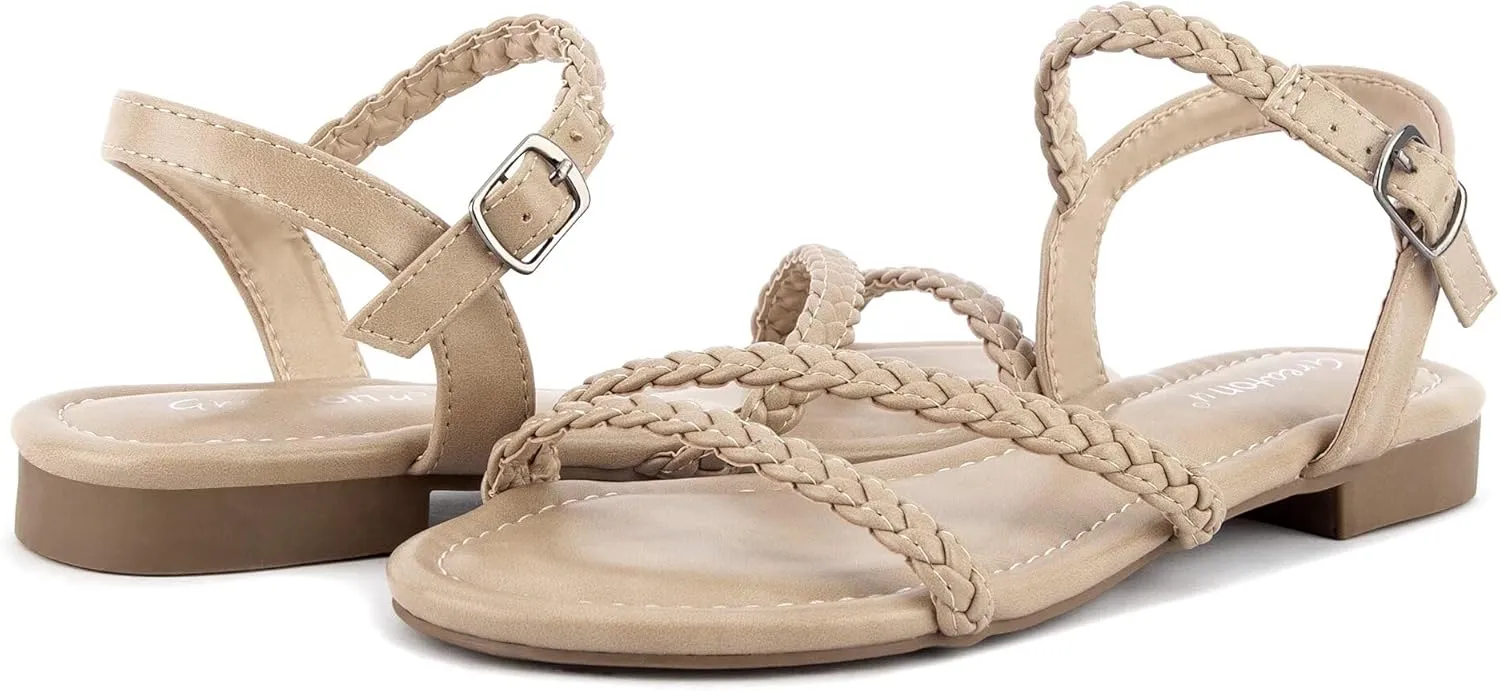 Greatonu Womens Flat Sandals Slip On Summer Gladiator Open Toe Braided Slingback Shoes