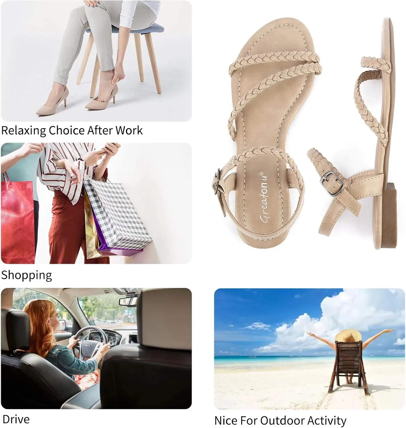 Greatonu Womens Flat Sandals Slip On Summer Gladiator Open Toe Braided Slingback Shoes