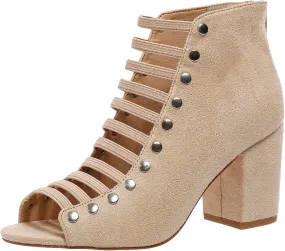 GUNIYIFS Womens Faux Suede Heels Sandals Peep Toe Cutout Chunky Block High Heels Sandals Dress Summer Back Zip Ankle Booties