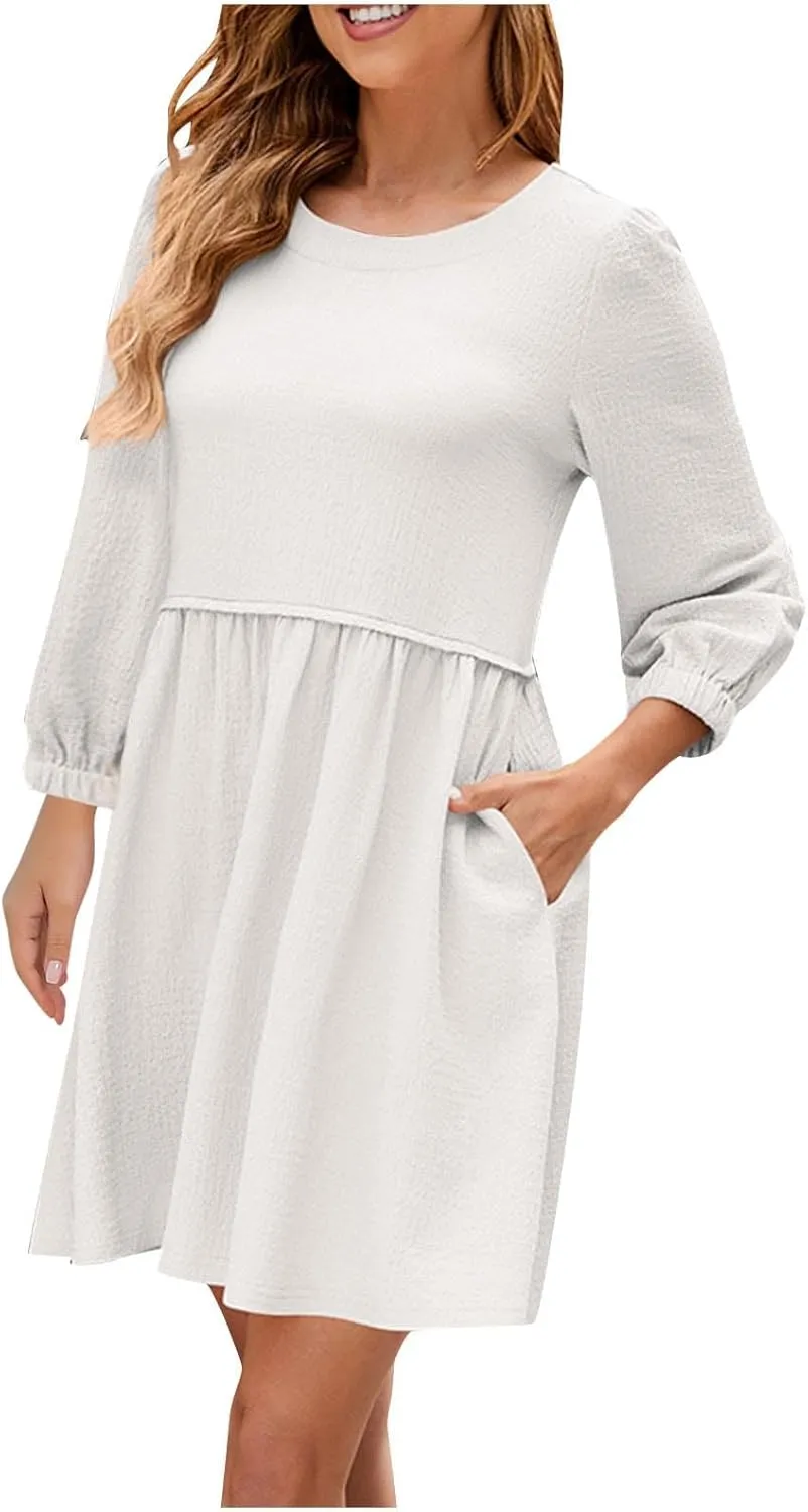 hlysgo Women's Casual Dresses Summer Loose Fit Vacation Mini Dress Trendy 3/4 Sleeve Crew Neck Beach Dress with Pockets