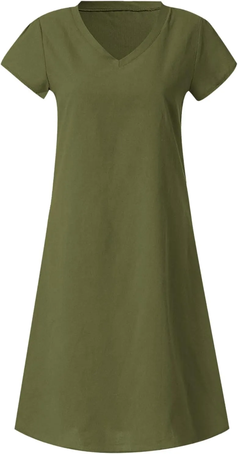hlysgo Womens Cotton Linen Dress Casual Loose Fit Short Sleeve V Neck Mini Dress Summer Knee Length Beach Dress for Ladies