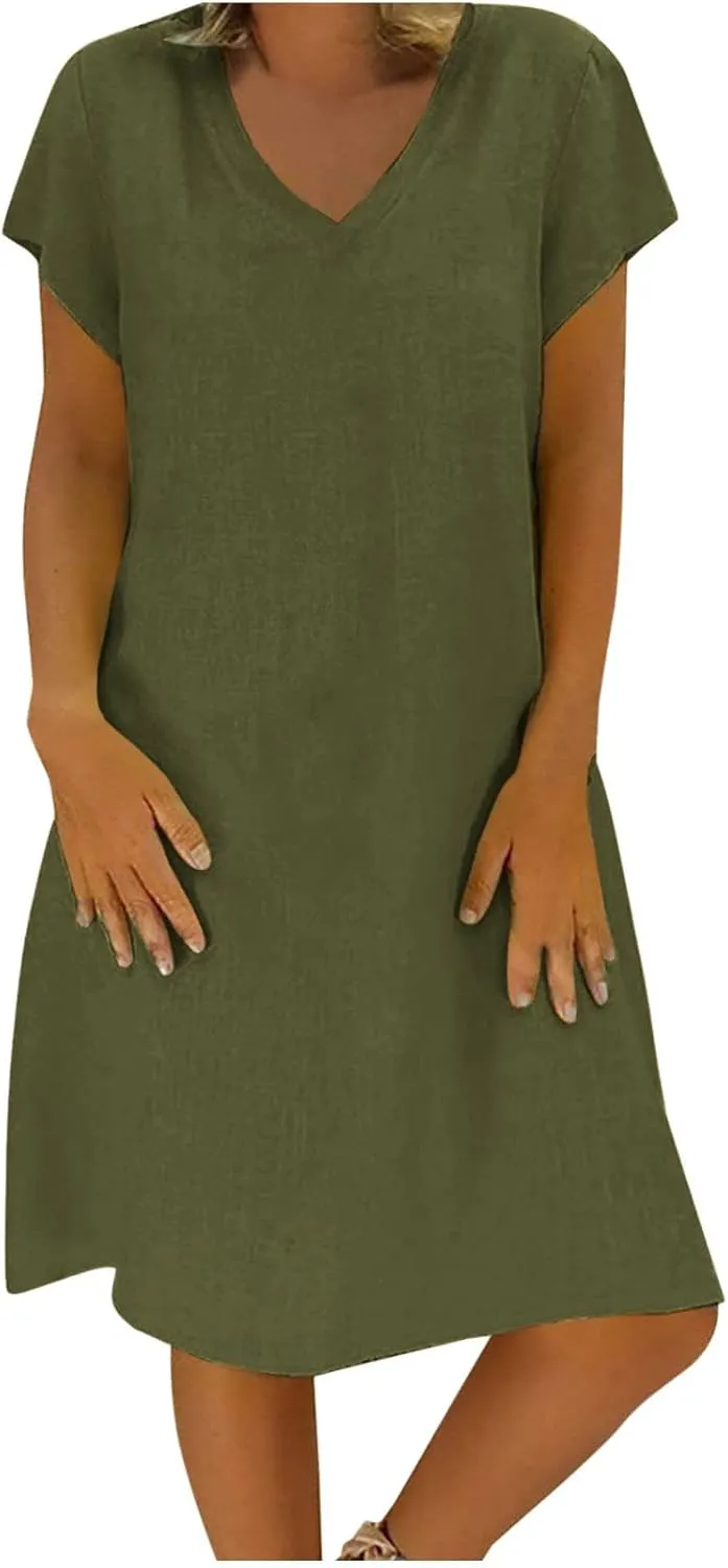 hlysgo Womens Cotton Linen Dress Casual Loose Fit Short Sleeve V Neck Mini Dress Summer Knee Length Beach Dress for Ladies