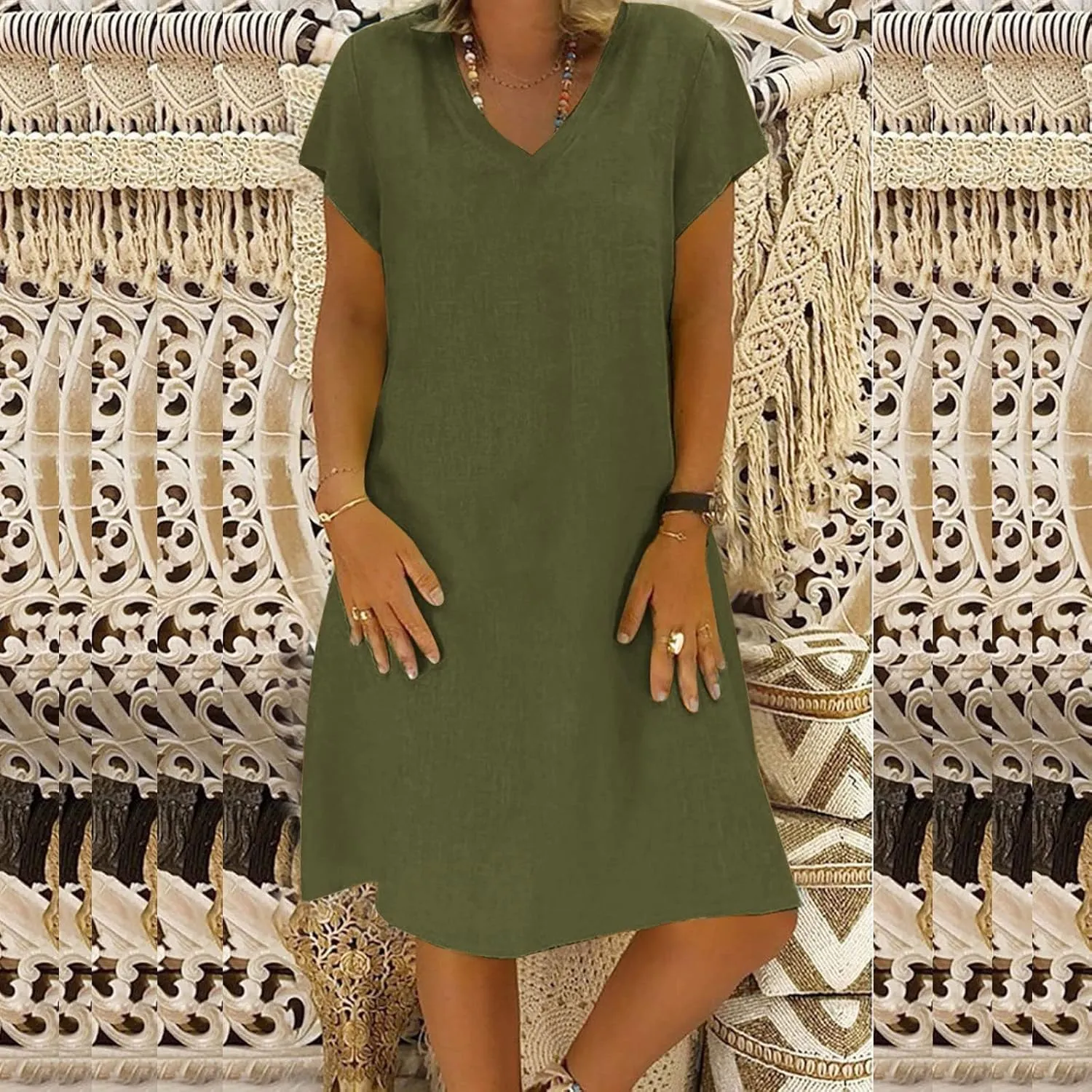 hlysgo Womens Cotton Linen Dress Casual Loose Fit Short Sleeve V Neck Mini Dress Summer Knee Length Beach Dress for Ladies