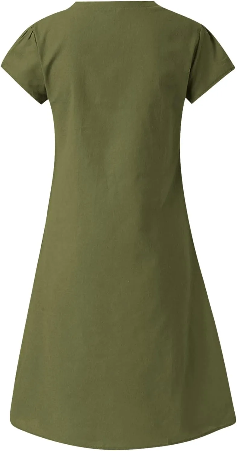 hlysgo Womens Cotton Linen Dress Casual Loose Fit Short Sleeve V Neck Mini Dress Summer Knee Length Beach Dress for Ladies