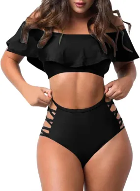 jsaierl Women Sexy Cut Out 2 Piece Bandeau Swimsuits Fashion Strapless Ruffle Bikini Sets High Wasited Tummy Control Swimwear