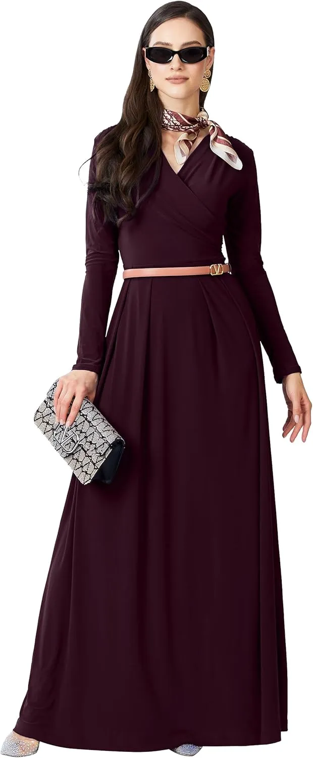 KOH KOH Womens Long V-Neck Full Sleeve Semi Formal Flowy Evening Cute Maxi Dress