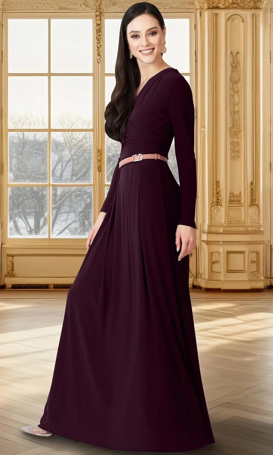 KOH KOH Womens Long V-Neck Full Sleeve Semi Formal Flowy Evening Cute Maxi Dress