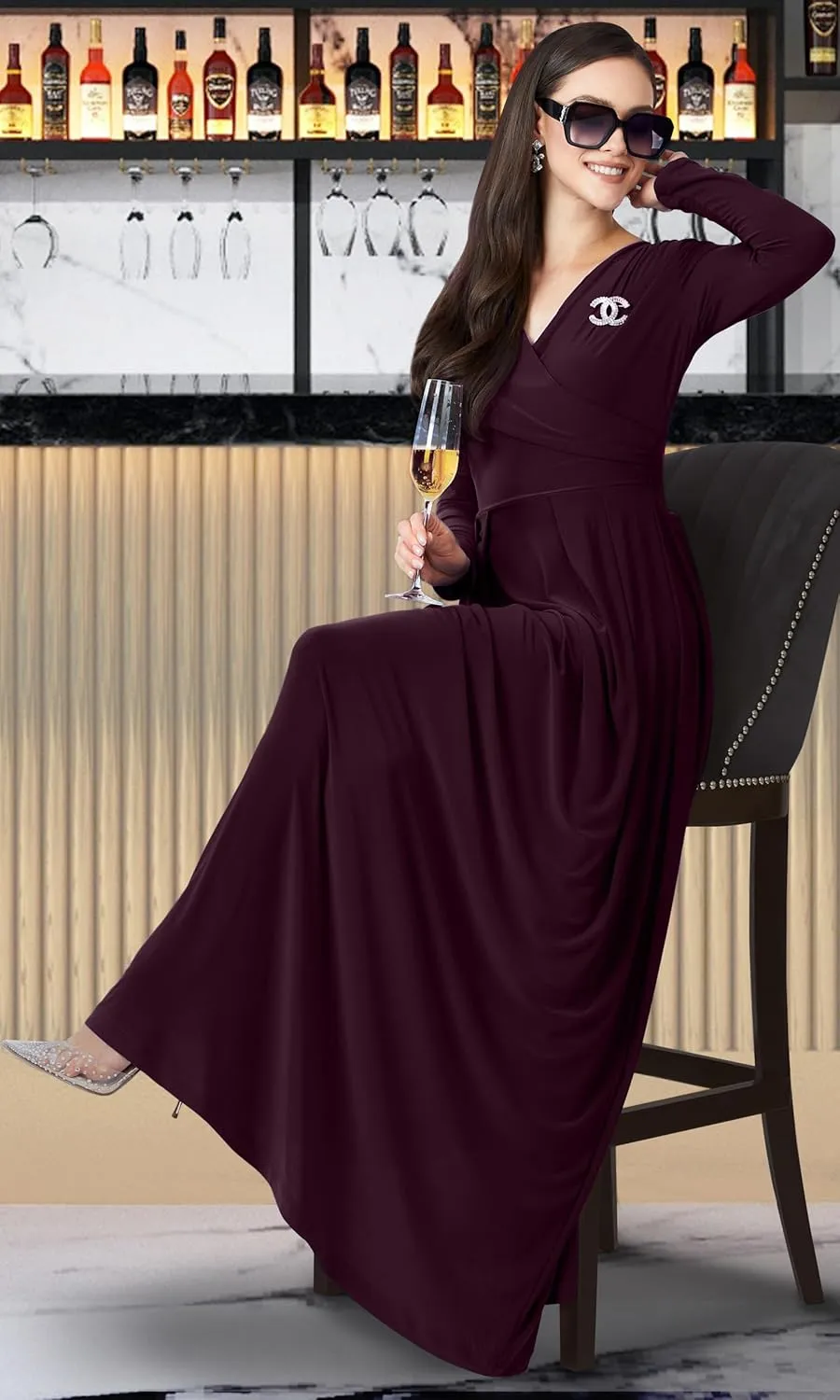 KOH KOH Womens Long V-Neck Full Sleeve Semi Formal Flowy Evening Cute Maxi Dress