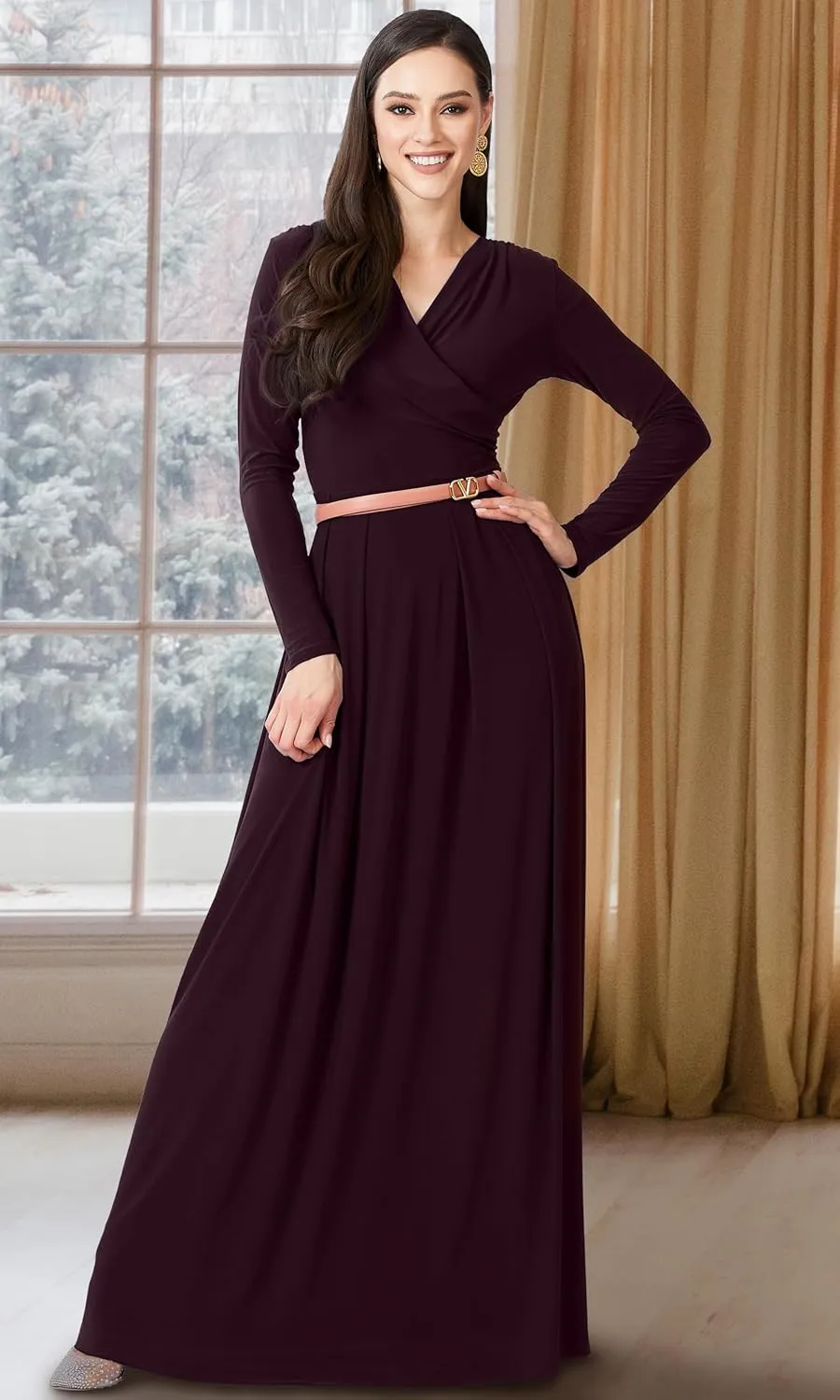 KOH KOH Womens Long V-Neck Full Sleeve Semi Formal Flowy Evening Cute Maxi Dress