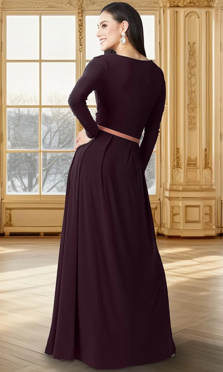 KOH KOH Womens Long V-Neck Full Sleeve Semi Formal Flowy Evening Cute Maxi Dress