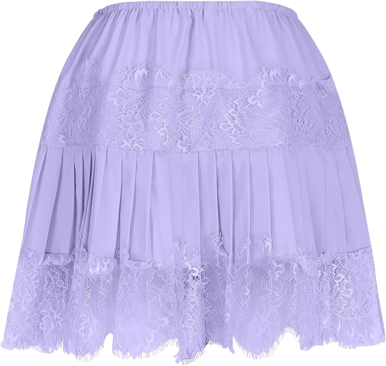 Lace Mini Skirt for Women Summer Lace Trim Flowy Elastic Waist Layered Pleat Skirts Solid Flowy Irregular Hem Skort