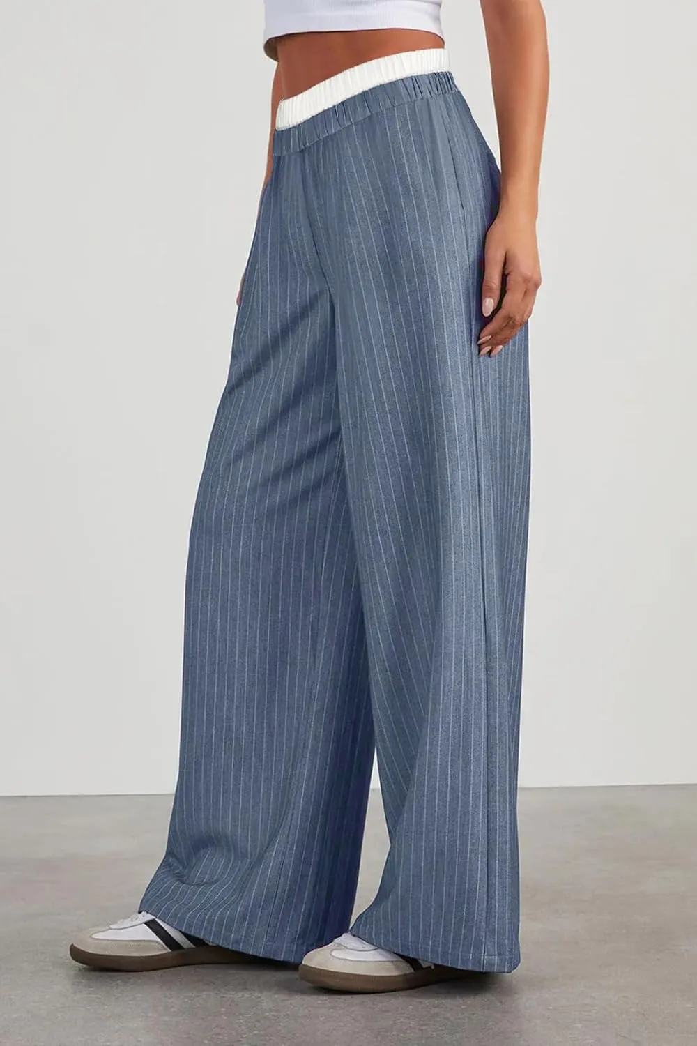 Lesore Womens Striped Color Block High Elastic Waist Wide Leg Pants Trousers Long Straight Suit Pants