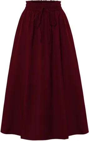 Linen Skirt Women Midi Summer Drawstring Elastic High Waist A-Line Ruffle Elegant Skirt Knee Length with Pockets
