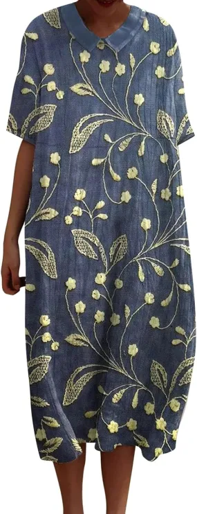 Loose Dress for Women, Retro Cute Printed Summer Sundress with Pockets Cotton Linen Plus Size Beach Casual Outfits