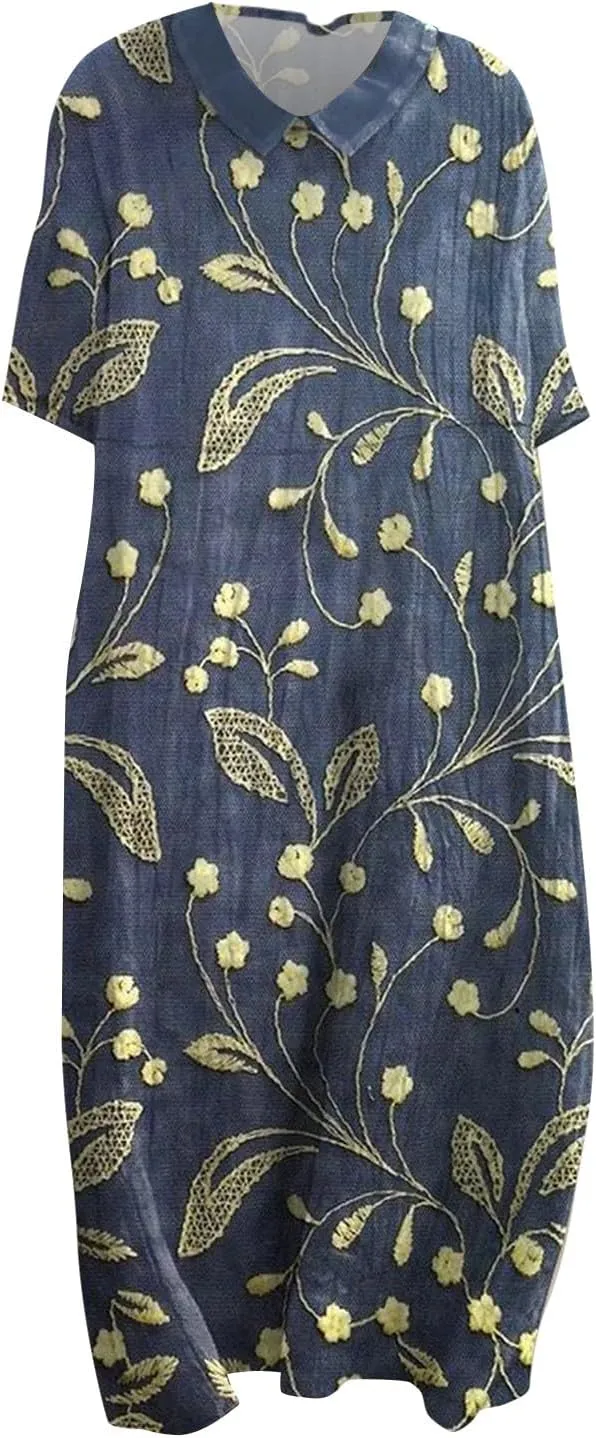 Loose Dress for Women, Retro Cute Printed Summer Sundress with Pockets Cotton Linen Plus Size Beach Casual Outfits