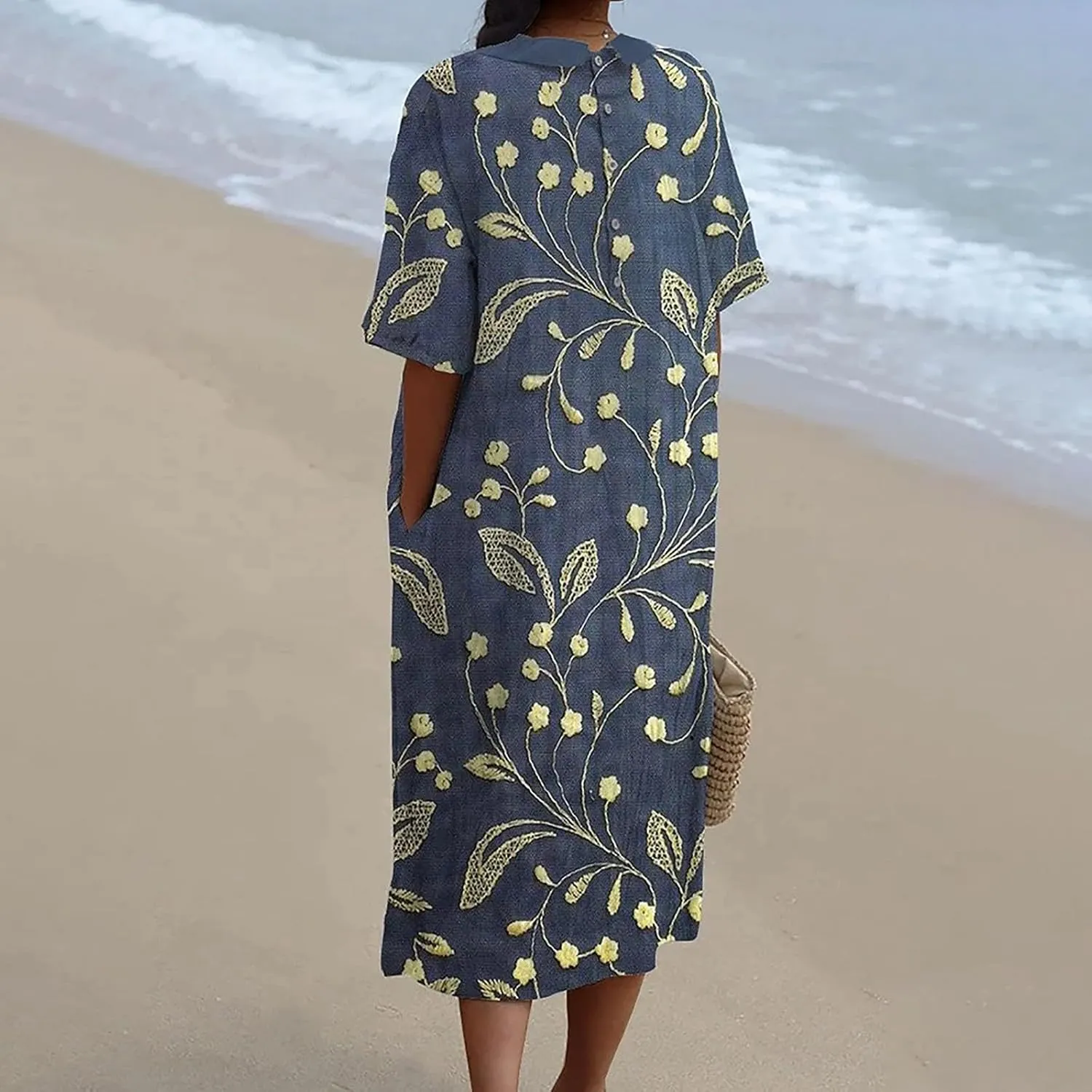 Loose Dress for Women, Retro Cute Printed Summer Sundress with Pockets Cotton Linen Plus Size Beach Casual Outfits