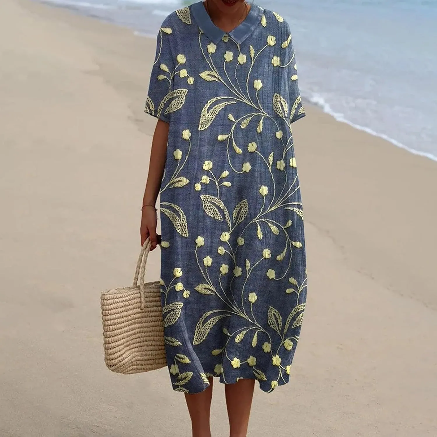 Loose Dress for Women, Retro Cute Printed Summer Sundress with Pockets Cotton Linen Plus Size Beach Casual Outfits