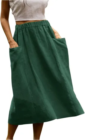 midi Skirts for Women High Elastic Waist Linen Half Skirt Casual Comfy Swing Skirts Plain Spring Skirt with Pocket