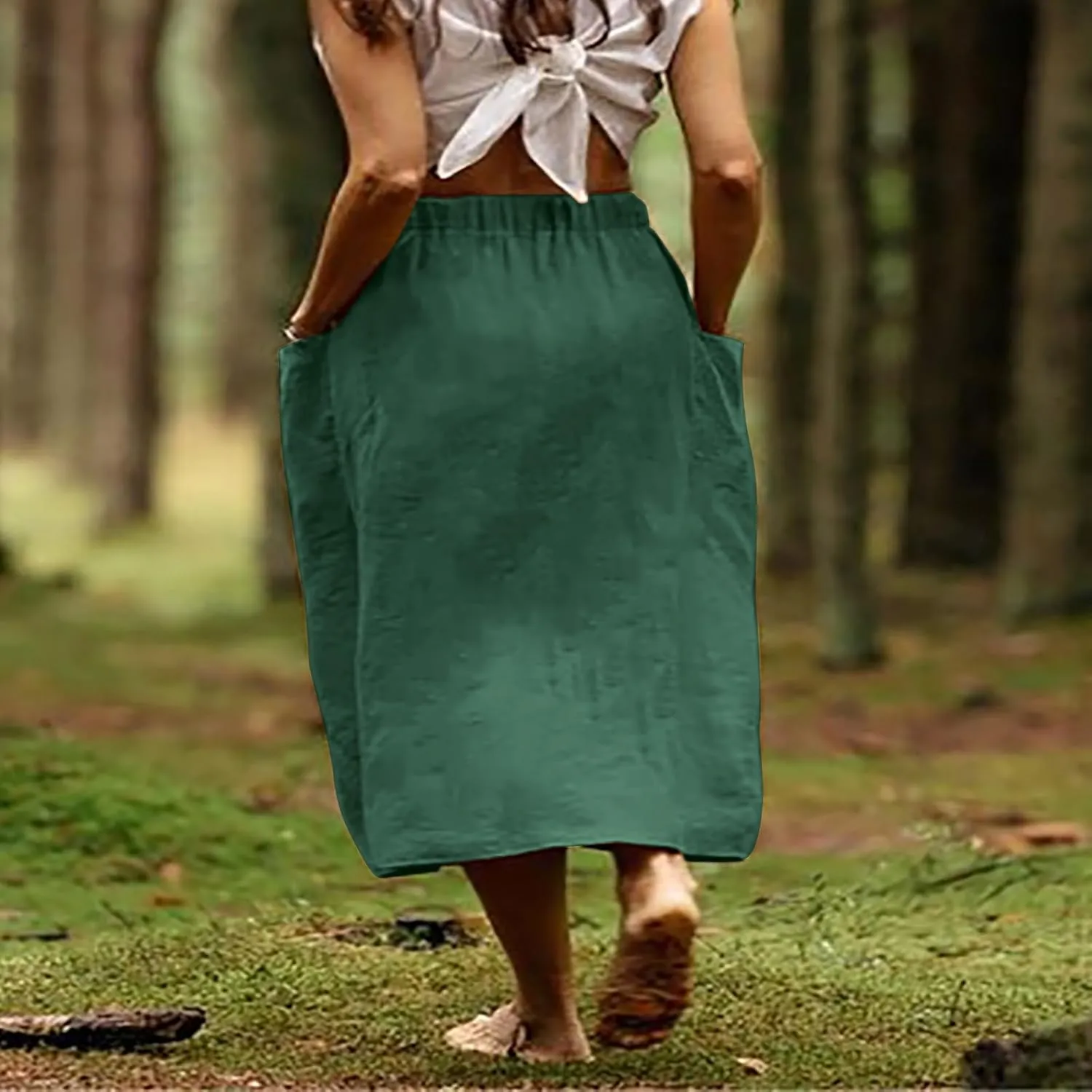 midi Skirts for Women High Elastic Waist Linen Half Skirt Casual Comfy Swing Skirts Plain Spring Skirt with Pocket
