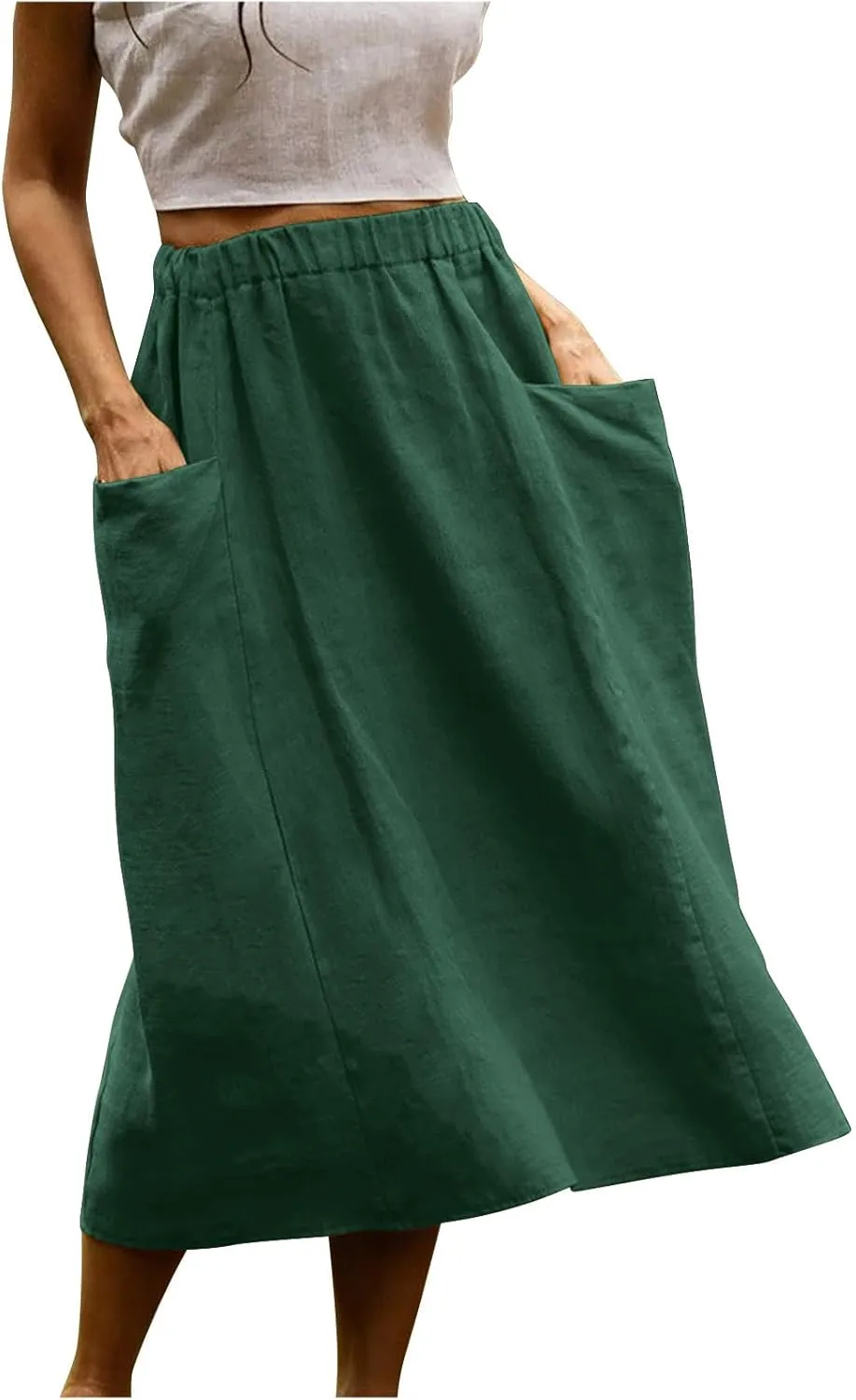 midi Skirts for Women High Elastic Waist Linen Half Skirt Casual Comfy Swing Skirts Plain Spring Skirt with Pocket