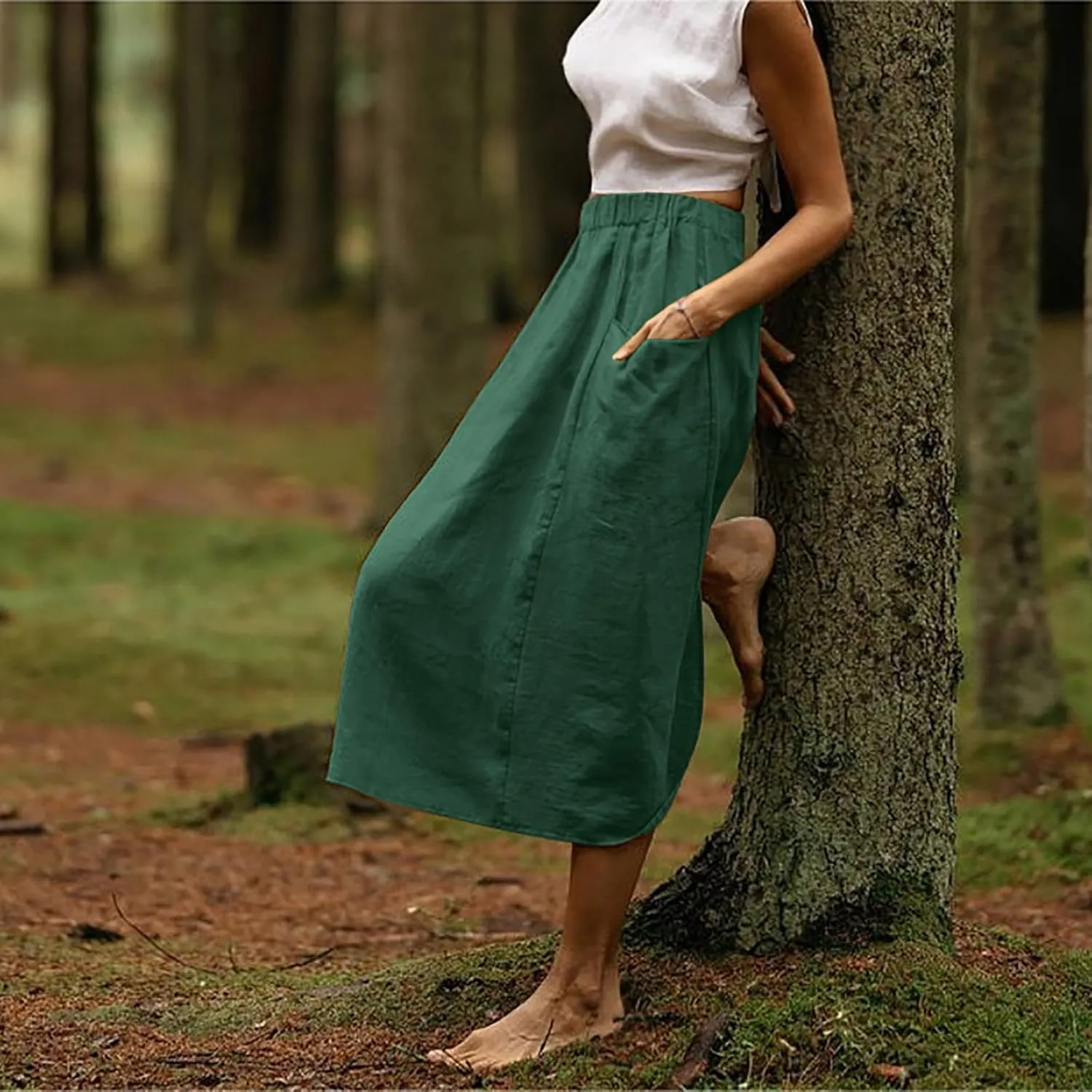 midi Skirts for Women High Elastic Waist Linen Half Skirt Casual Comfy Swing Skirts Plain Spring Skirt with Pocket