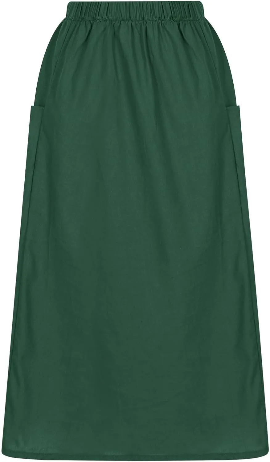 midi Skirts for Women High Elastic Waist Linen Half Skirt Casual Comfy Swing Skirts Plain Spring Skirt with Pocket