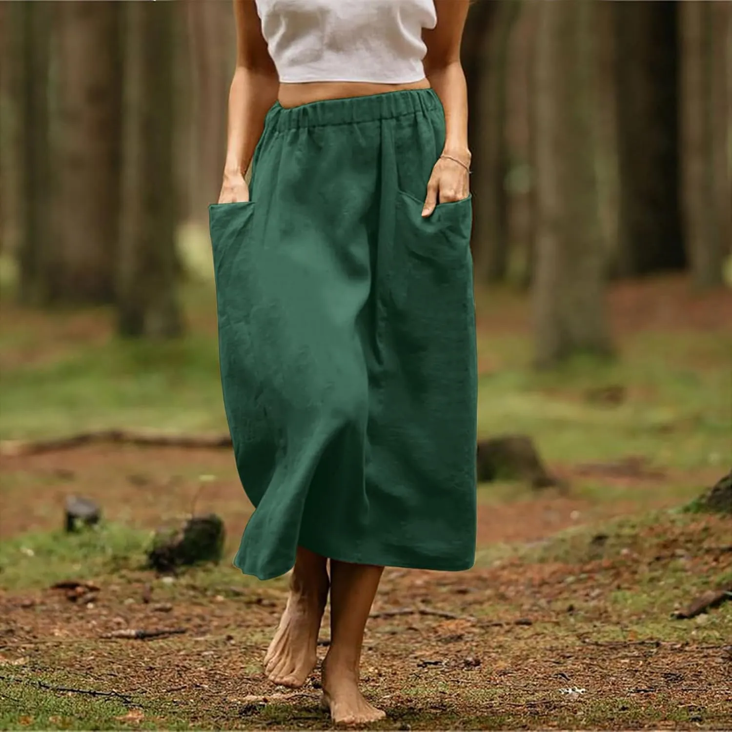 midi Skirts for Women High Elastic Waist Linen Half Skirt Casual Comfy Swing Skirts Plain Spring Skirt with Pocket